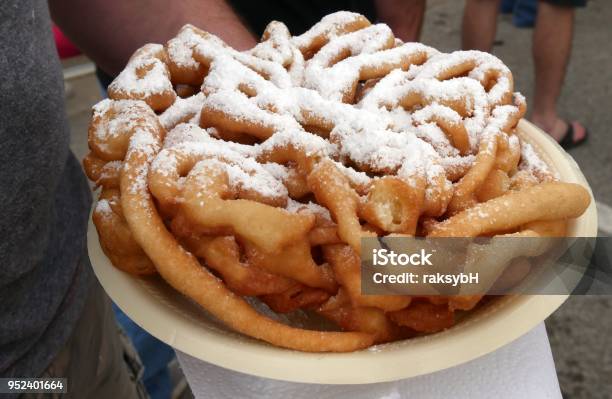 Plate Of Funnel Cake With Powdered Sugar Stock Photo - Download Image Now - Funnel, Cake, Agriculture