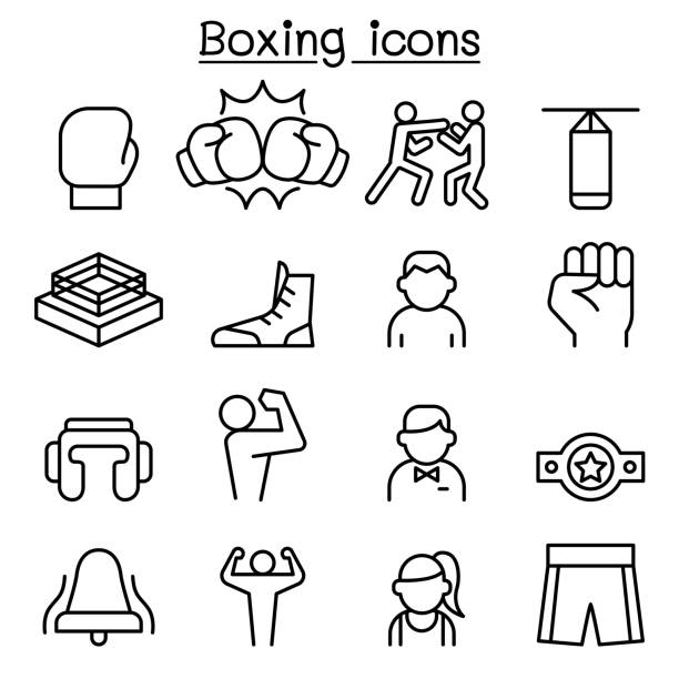 box-ikone in dünnen linienstil festlegen - boxing glove boxing glove symbol stock-grafiken, -clipart, -cartoons und -symbole