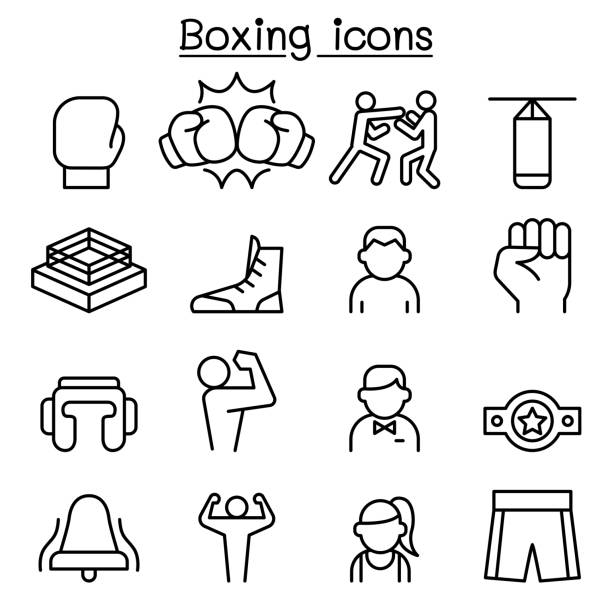 illustrazioni stock, clip art, cartoni animati e icone di tendenza di icona boxing impostata in stile linea sottile - boxing glove boxing glove symbol