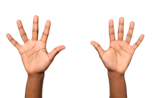 Front view of human fingers, high-five gesture on white background