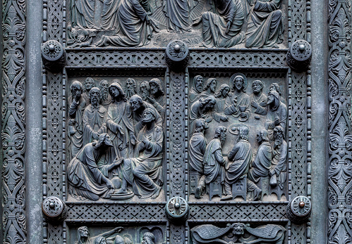 Fragment of Bremen's Cathedral Metalic Door with religious decorations