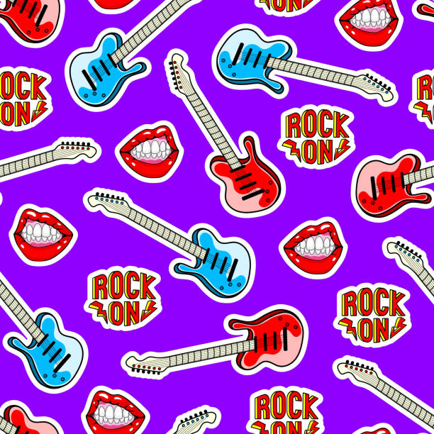 ilustrações, clipart, desenhos animados e ícones de desenho animado sem costura padrão musical com a guitarra, "rock on" patches, etc. ilustração em vetor de brilhante colorido. - jazz backgrounds backdrop image