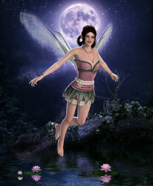 3d render of a beautiful night fairy in front of a full moon hovering over a pond