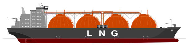 Silhouette of a huge ocean tanker for liquefied gas. Traced details. Side view. Silhouette of a huge ocean tanker for liquefied gas. Traced details. lng liquid natural gas stock illustrations