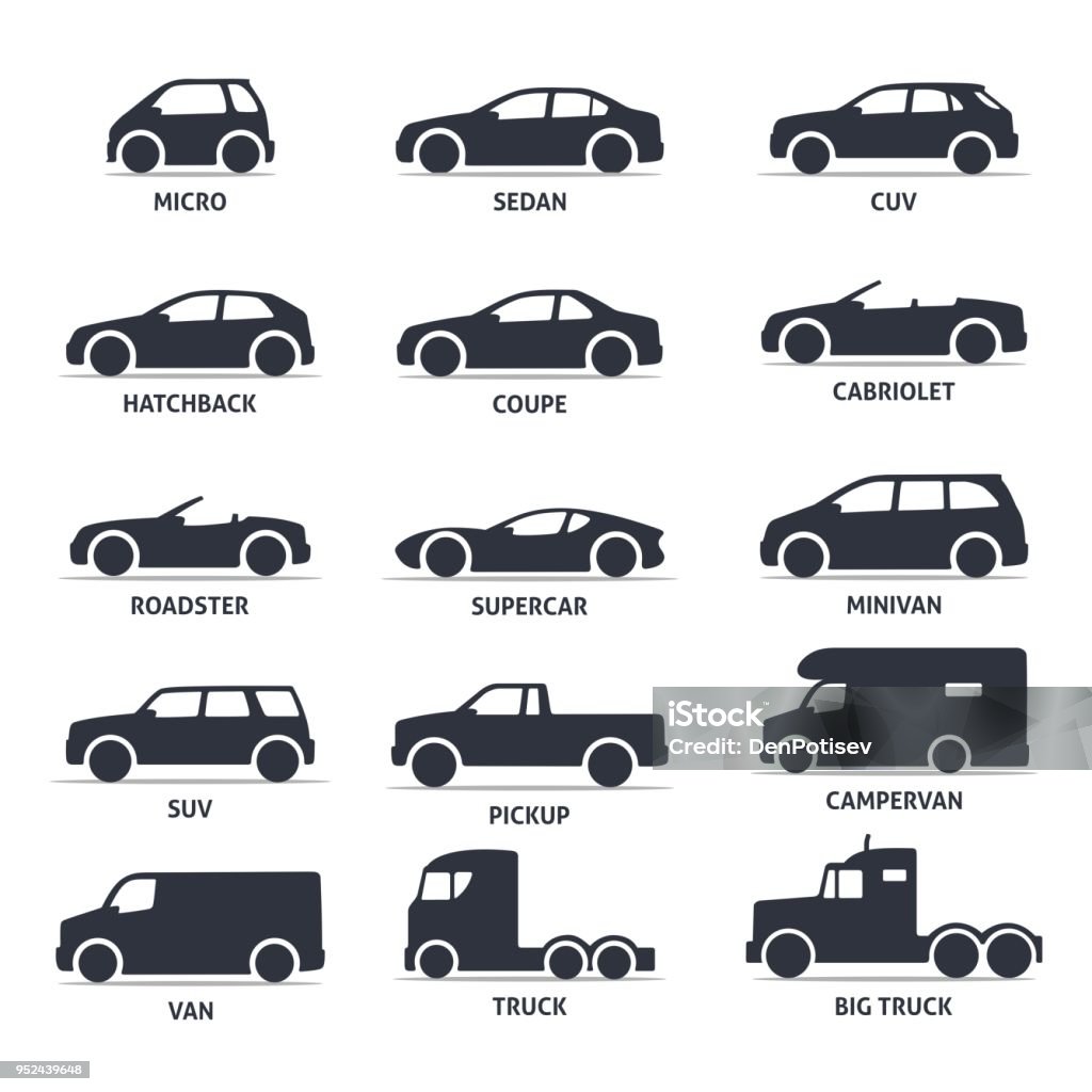 Type de de voiture et modèle des objets icônes Ensemble, en voiture. - clipart vectoriel de Icône libre de droits