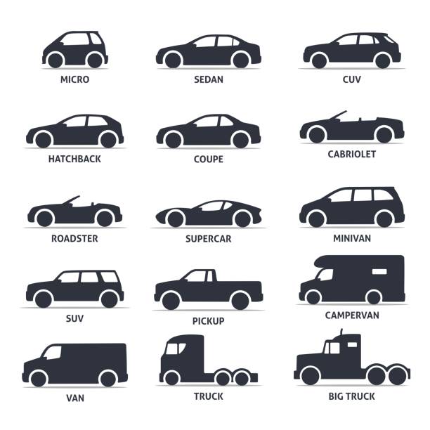 ilustrações de stock, clip art, desenhos animados e ícones de car type and model objects icons set, automobile. - vehicle trailer illustrations