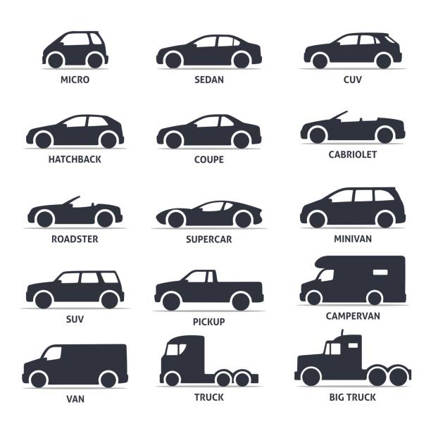 Car Type and Model Objects icons Set, automobile. Car Type and Model Objects icons Set, automobile. Vector black illustration isolated on white background with shadow. Variants of car body silhouette for web. sedan stock illustrations