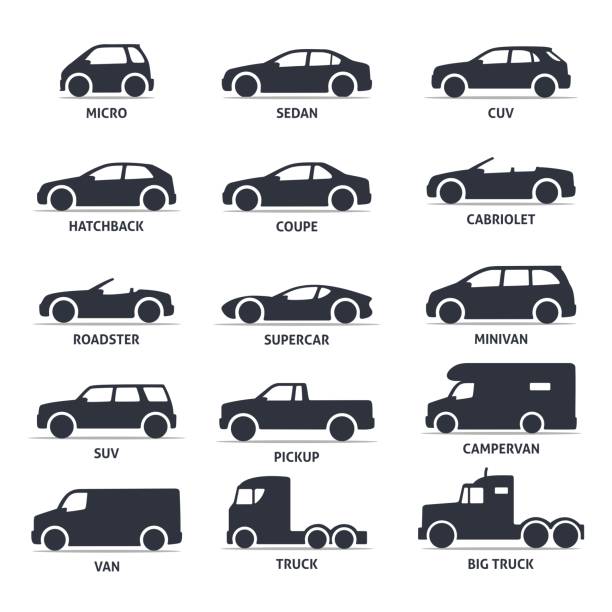 Car Type and Model Objects icons Set, automobile. Car Type and Model Objects icons Set, automobile. Vector black illustration isolated on white background with shadow. Variants of car body silhouette for web. ford truck black stock illustrations