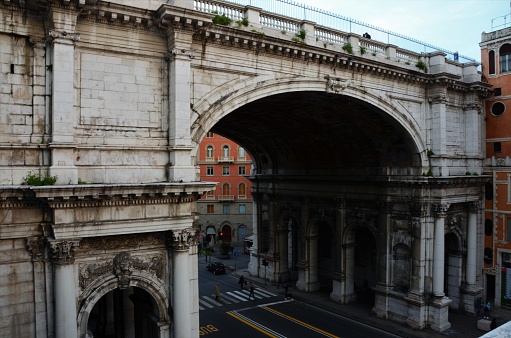 A view of an ancient arch bridge in the heart of Genoa in Italy