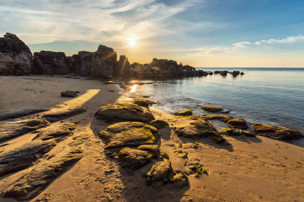 istock Scenic seascape with stones on beach at sunset 952444972