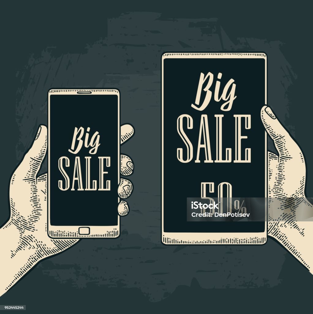 Smart phone hold male hand. Lettered text BIG SALE. Smart phone hold male hand. Lettered text BIG SALE. Vintage drawn vector engraving illustration for info graphic, poster, web. Isolated on black background Drawing - Activity stock vector