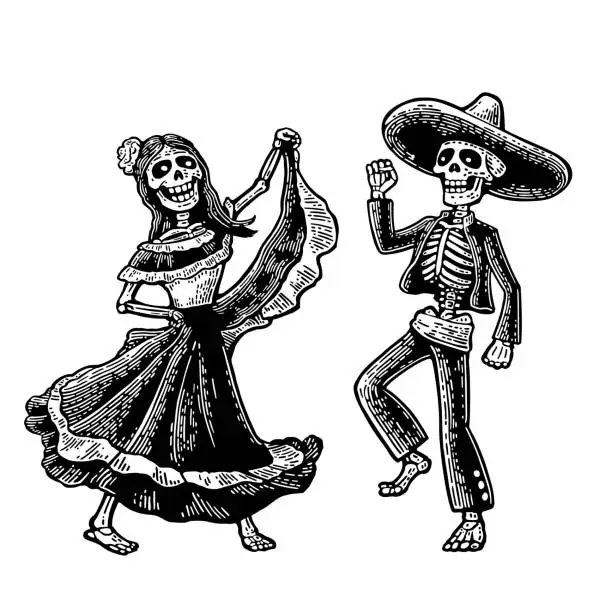 Vector illustration of Day of the Dead, Dia de los Muertos . The skeleton in the Mexican national costumes dance, sing and play the guitar.