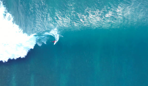 TOP DOWN: Unrecognizable pro surfer riding a stunning blue ocean wave in the sun
