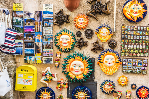 Erice, Italy - August 11, 2017: Souvenir shop with typical ceramic products of Sicilian style in the old town of the historic village of Erice in Sicily, Italy