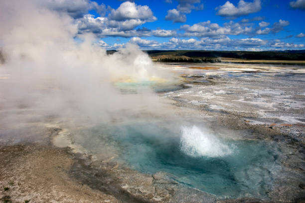 Geothermal Pools and Mist, Yellowstone Basin stock photo