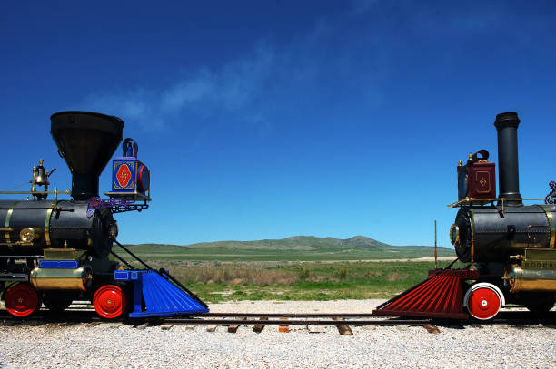 Restored Trains at Golden Spike Historic Site, Utah stock photo