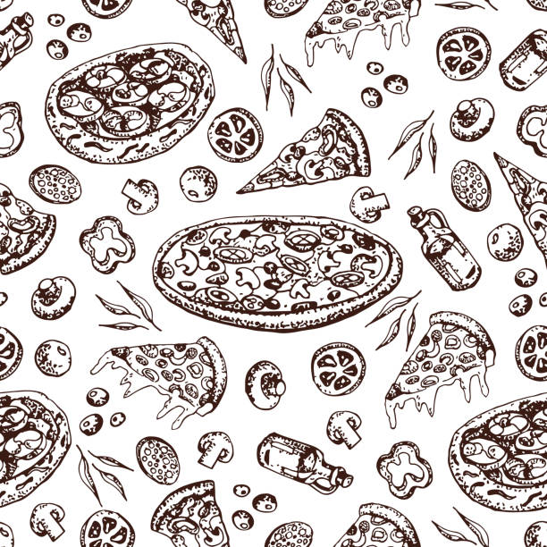 illustrations, cliparts, dessins animés et icônes de modèle sans couture de pizza de doodle. saucisse d’ingrédients frais et de tomates. verts et olives. huile champignones et d’olive. cuisine italienne traditionnelle.  illustration de dessinés à la main sans fin. pour l’identité du restaurant, emballage, conception de menus, la texture du tissu. - white tomato backgrounds vegetable