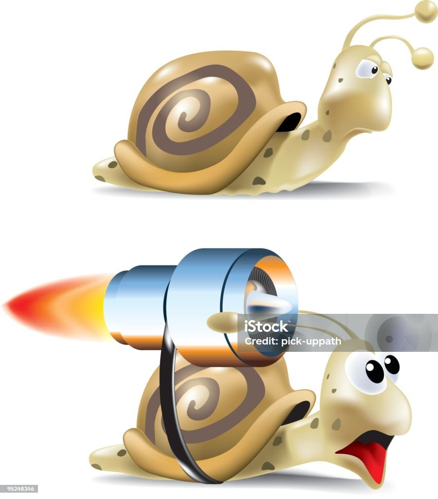 Fast and Slow Snail A slow bored snail and a fast scared snail with a jet engine strapped to it's back. Snail stock vector