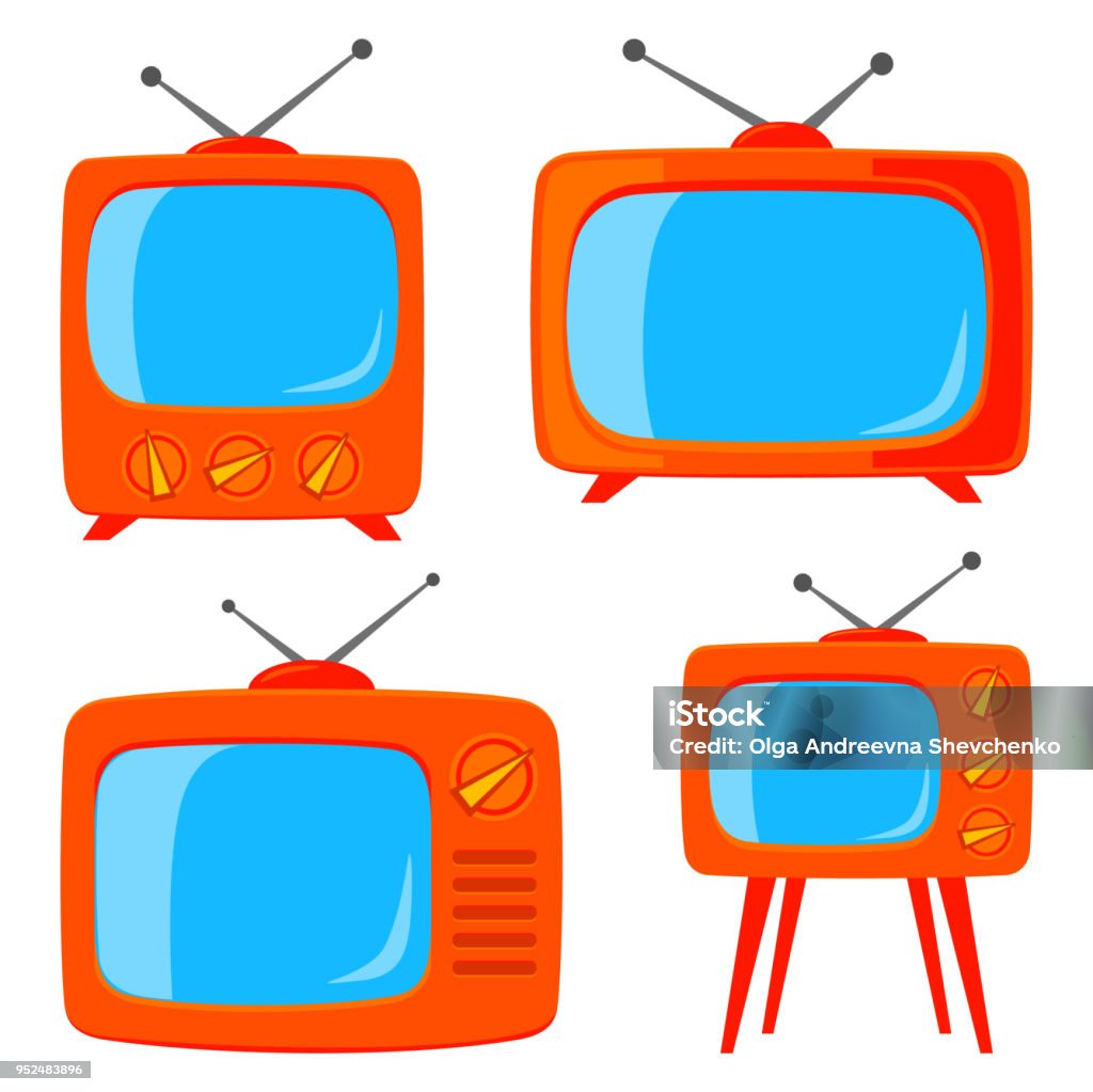 Orange cartoon various retro tv set Orange cartoon various retro tv set isolated on white background. Media theme vector illustration for icon, sticker sign, patch, certificate badge, gift card, label, poster, web banner, flayer Television Set stock vector