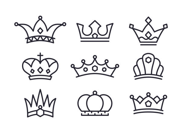 Crowns Icons and Symbols Crowns for kings, queens and leaders line drawing vector illustrations. court jester stock illustrations