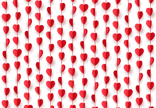Paper red hearts hanging decorations string. Vector illustration