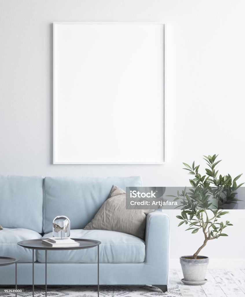 Mock up poster frame in interior background, scandinavian style Mock up poster frame in interior background, scandinavian style, 3D render Border - Frame Stock Photo