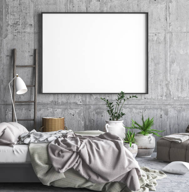 istock Mock up poster frame in hipster bedroom interior background 952531088