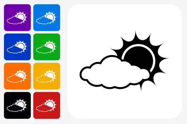 Vector illustration of Sun Behind a Cloud Icon Square Button Set