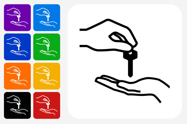 ilustrações de stock, clip art, desenhos animados e ícones de hand giving keys icon square button set - valet parking