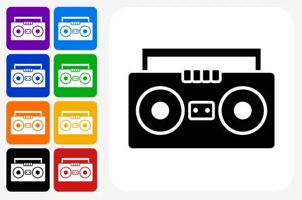 Vector illustration of Boom box Icon Square Button Set