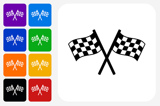 Two Racing Flags Icon Square Button Set. The icon is in black on a white square with rounded corners. The are eight alternative button options on the left in purple, blue, navy, green, orange, yellow, black and red colors. The icon is in white against these vibrant backgrounds. The illustration is flat and will work well both online and in print.