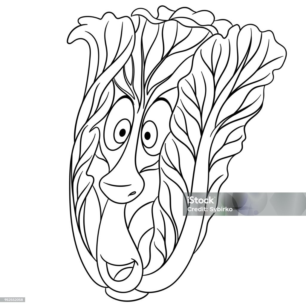 Cartoon Chinese or Peking cabbage. Happy vegetable emoticon. Cartoon Chinese cabbage. Happy vegetable emoticon. Coloring book page design for kids. Agriculture stock vector