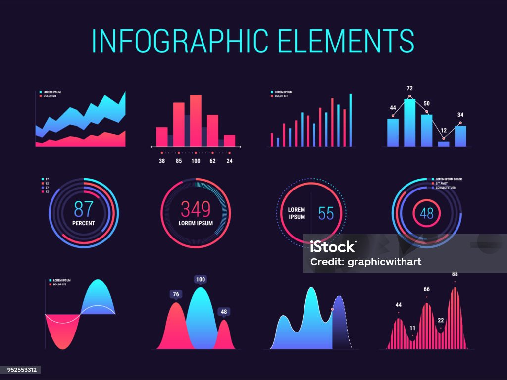 Infographic charts and diagrams Network management data screen with charts and diagrams. Interface screen with colored infographic digital illustration. Intelligent technology hud vector interface. Graph stock vector