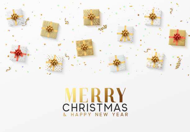 istock Merry Christmas greeting card. Xmas holiday background, gift box with gold tinsel, bright glitter confetti and golden serpentine 952553818