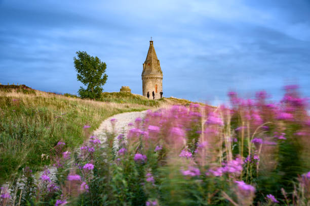 Hartshead Pike, Greater Manchester Spectacular view of Hartshead Pike, lying under blue sky and floral landscape hartshead pike stock pictures, royalty-free photos & images