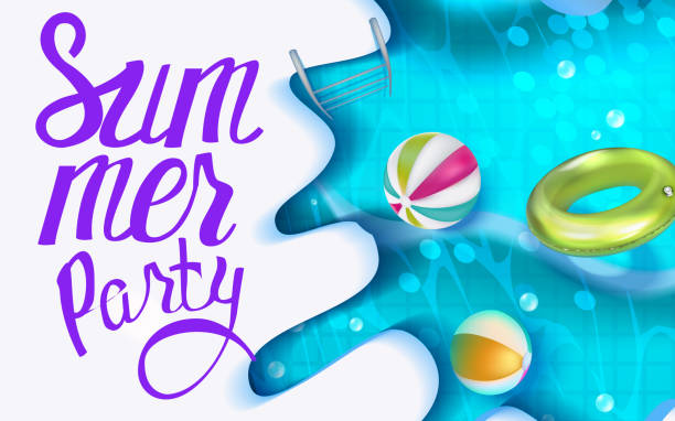 istock Pool party poster with swimming pool and inflatable toys. Vector illustration 952560760