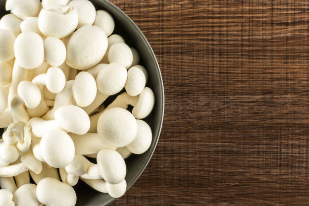 Fresh raw white shimeji mushroom on brown wood