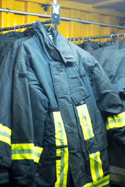 istock Fire station firefighter training equipment protective uniform used by fireman to fight fires and protect from flames 952566280