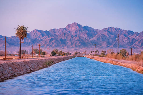 Irrigation Canal in Colorado Desert California USA Stock photograph of an irrigation canal in Blythe, Riverside County, California USA, Colorado Desert, at twilight blue hour, with the Big Maria Mountains in the background. colorado river photos stock pictures, royalty-free photos & images