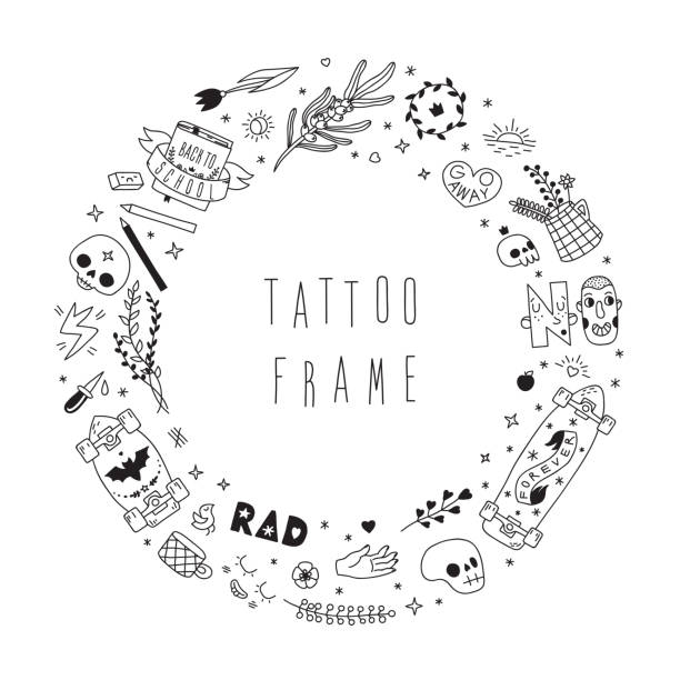 Old school black tattoo vector circle frame. Part two Old school hipster black tattoo vector circle frame illustration. Part two. skateboard tattoo stock illustrations