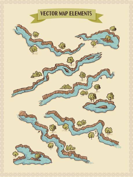 Vector map elements, colorful, hand draw - water, rivers, lakes, islands Map elements in hand draw style for cartograpy and fantasy fiction lovers treasure map texture stock illustrations