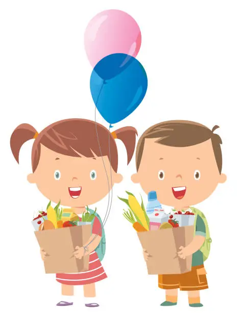 Vector illustration of Kids holding shopping bag