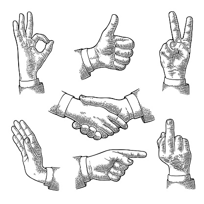 Male Hand sign. Like, Handshake, Ok, Stop, Middle finger up, Victory, Pointing gesture. Vector black vintage engraved illustration isolated white background