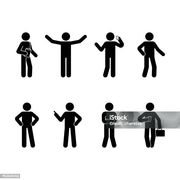 Stick Figure Business Man Standing Set Vector Illustration Of Different Human Poses On White Stock Illustration - Download Image Now