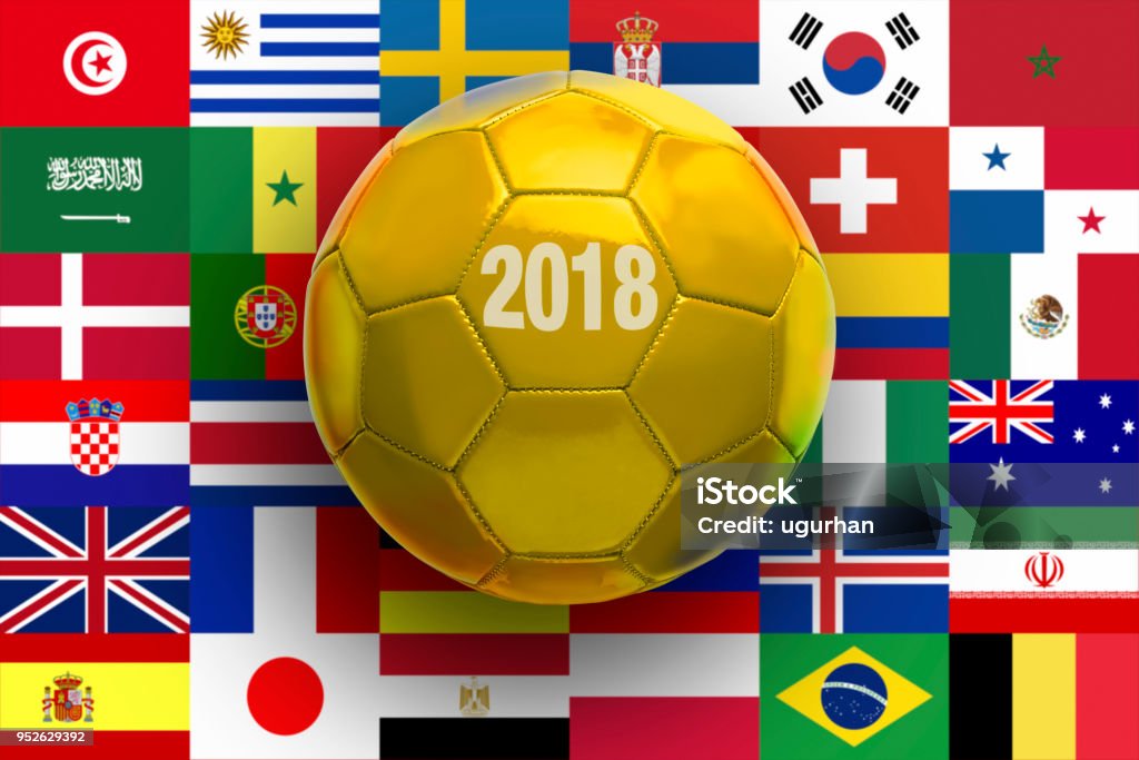 Golden soccer Ball Golden soccer Ball on flags Background. Soccer Ball Stock Photo