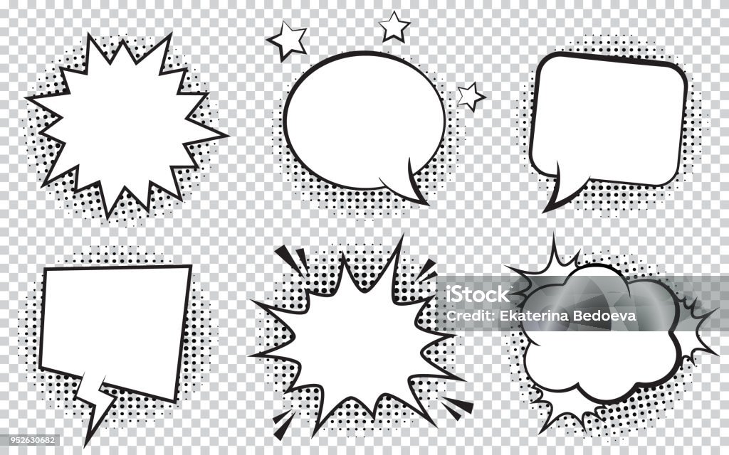 Retro empty comic bubbles and elements set with black halftone shadows on transparent background. Vector illustration, vintage design, pop art style. Comic Book stock vector