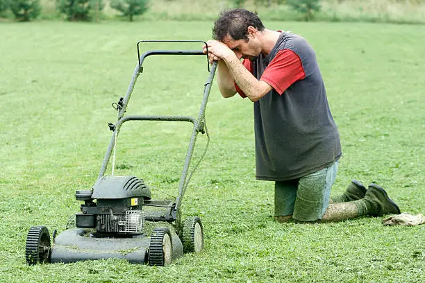 lawn mower in the garden, Sisyphean toil, labor, physical effort, thankless task, he got all the work dumped in his lap, do a messy job, soiled legs, summer came