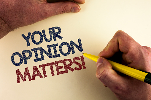 Word writing text Your Opinion Matters Motivational Call. Business concept for Client Feedback Reviews are important written by man plain background holding Pen in Hand.