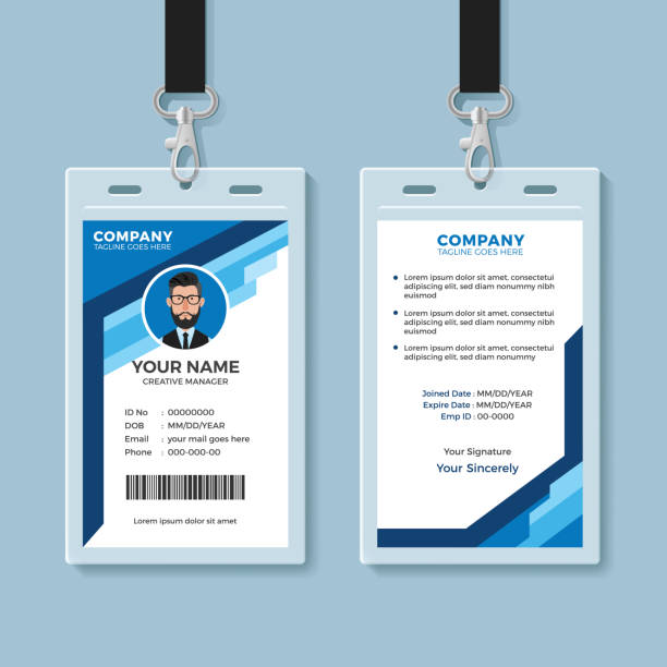blaue grafik mitarbeiter ausweis vorlage - id card stock-grafiken, -clipart, -cartoons und -symbole