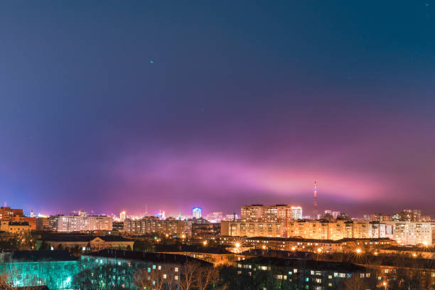 Panoramic aerial view of Blagoveshchenk, Russia at night